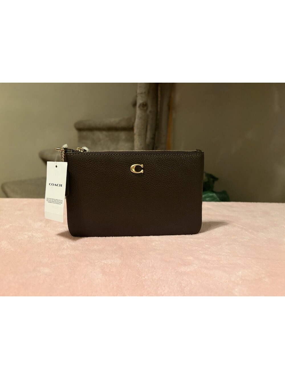 Coach Essential Small Pebbled leather Wristlet Clutch Brass/Maple NWT - Picture 2 of 9